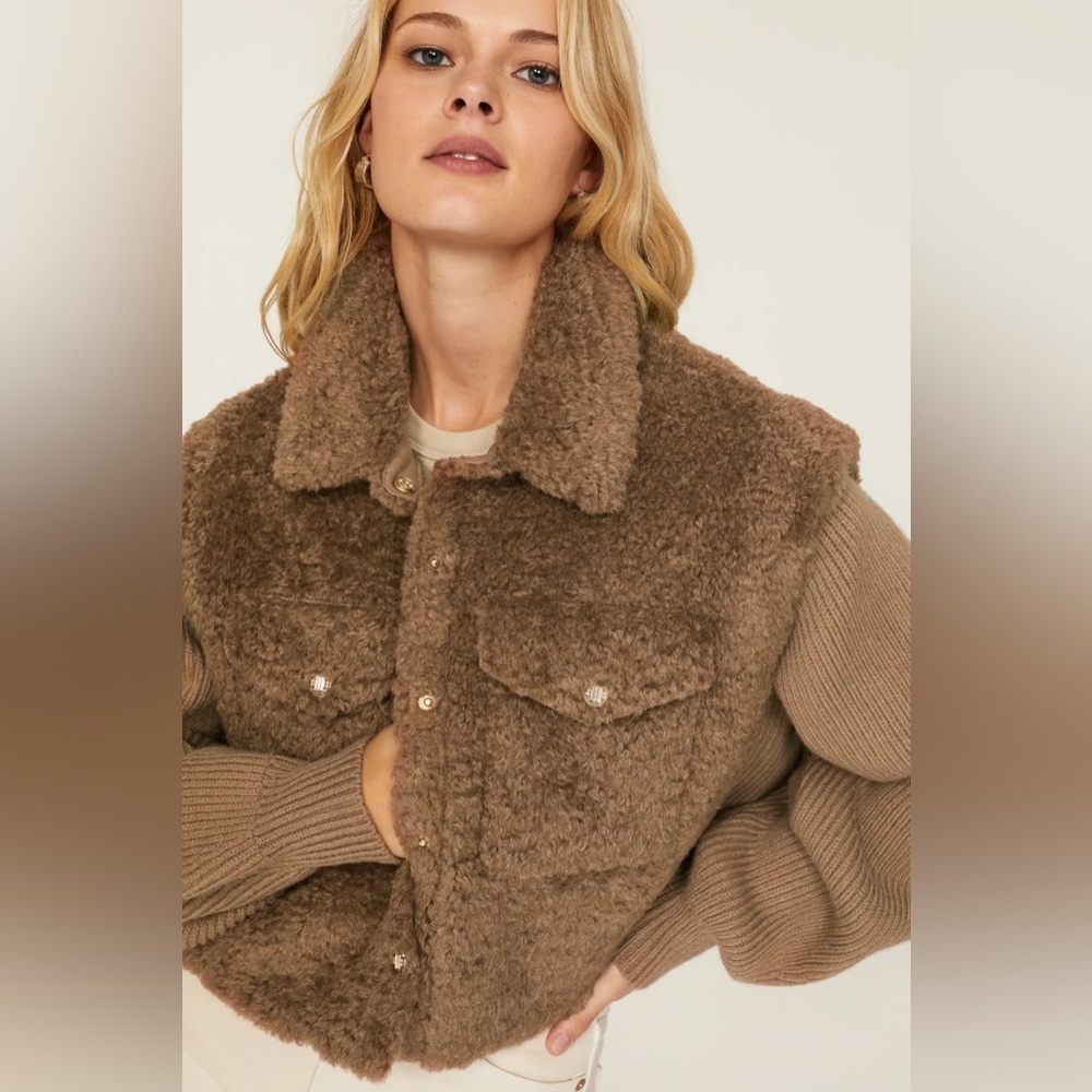 Maje Belia Faux Fur Jacket in Brown‎ NWT Size 40 Large